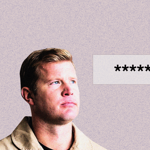 A gif showing Tim Sheehy looking at an online text box with asteriks obscuring a word and cursor blinking.