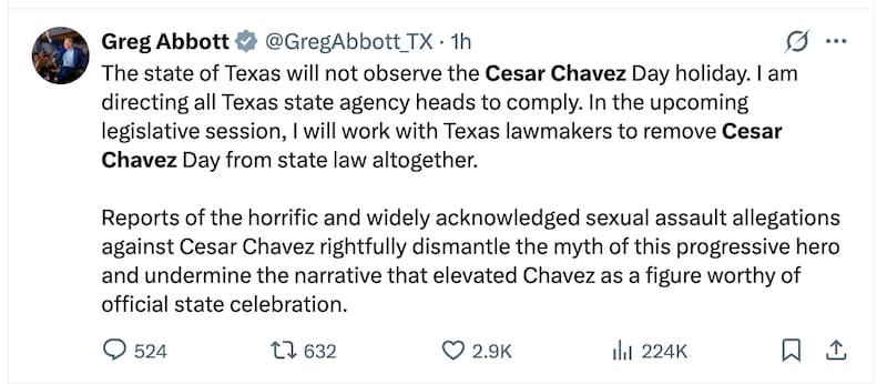 Gov. Greg Abbott joined the fray of governors denouncing Chavez.