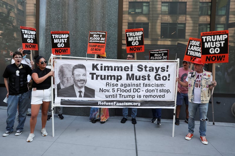 People protest outside The Walt Disney Company’s Headquarters, a day after Walt Disney-owned ABC said it was pulling  "Jimmy Kimmel Live!" off the air due to threats by the head of the top U.S. communications regulator, because of comments by Kimmel on the assassination of right wing influencer Charlie Kirk, in New York City, U.S., September 18, 2025.