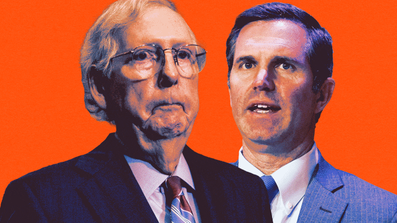 An animated GIF of a disappearing Sen. Mitch McConnell and Gov. Andy Beshear.