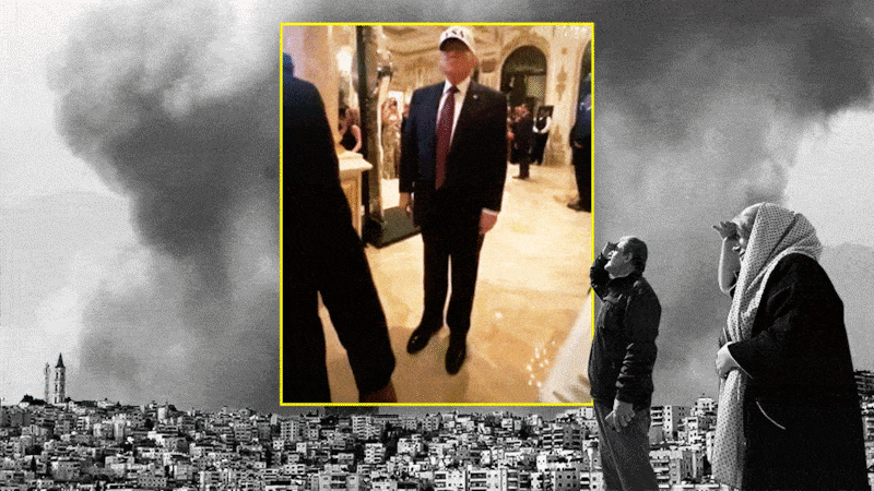 Donald Trump dancing at Mar-A-Lago in front of imagery of Tehran, Iran after the United States bombed the country