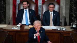 President Donald Trump delivers his State of the Union address in the House Chamber of the U.S. Capitol on Tuesday, February 24, 2026. Vice President JD Vance, left, and Speaker of the House Mike Johnson, R-La., also appear.