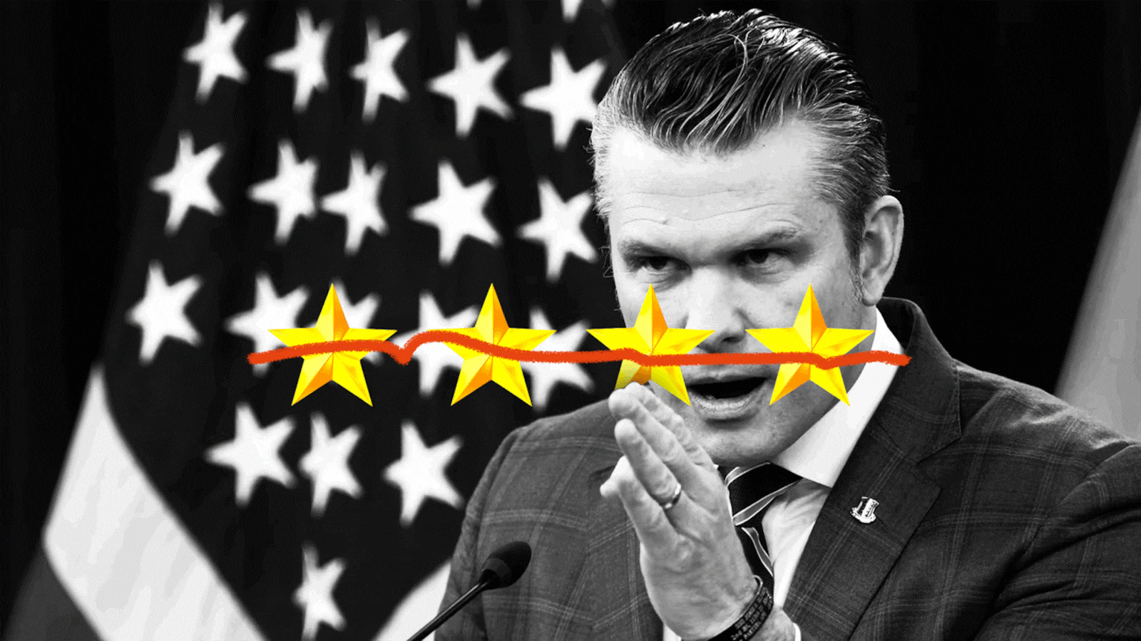 Pete Hegseth with a red line crossing out four gold stars