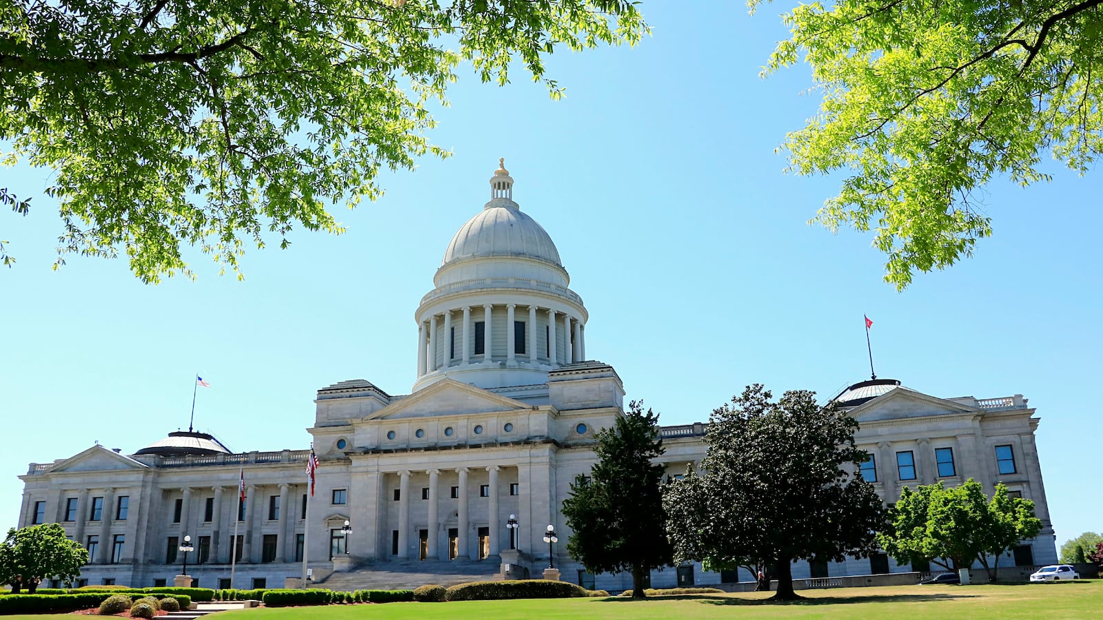 Arkansas State Capitol building front entrance in Little Rock.