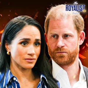 A photo illustration of Meghan Markle and Prince Harry for The Royalist podcast.