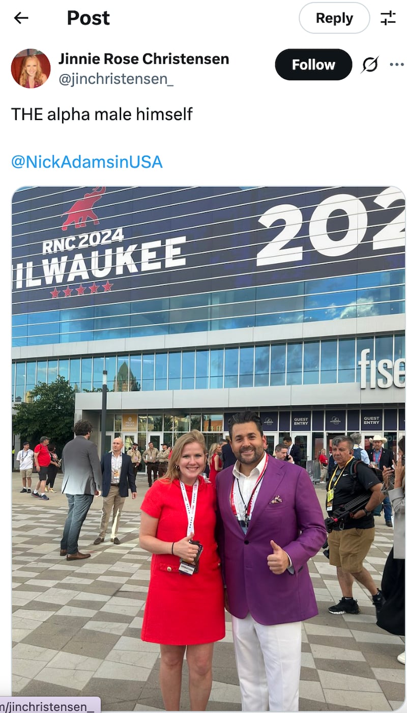 Jinnie Christensen, a former U.S. House staffer, flaunted her Republican-red Tuckernuck dress at the RNC, posing for photos alongside Nick Adams, whom Trump selected to serve as ambassador to Malaysia.