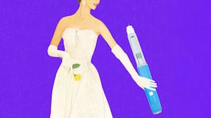 A photo illustration of a bride holding a GLP-1 injector for The Looker.