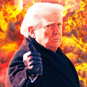 A photo illustration of Trump in front of an explosion.