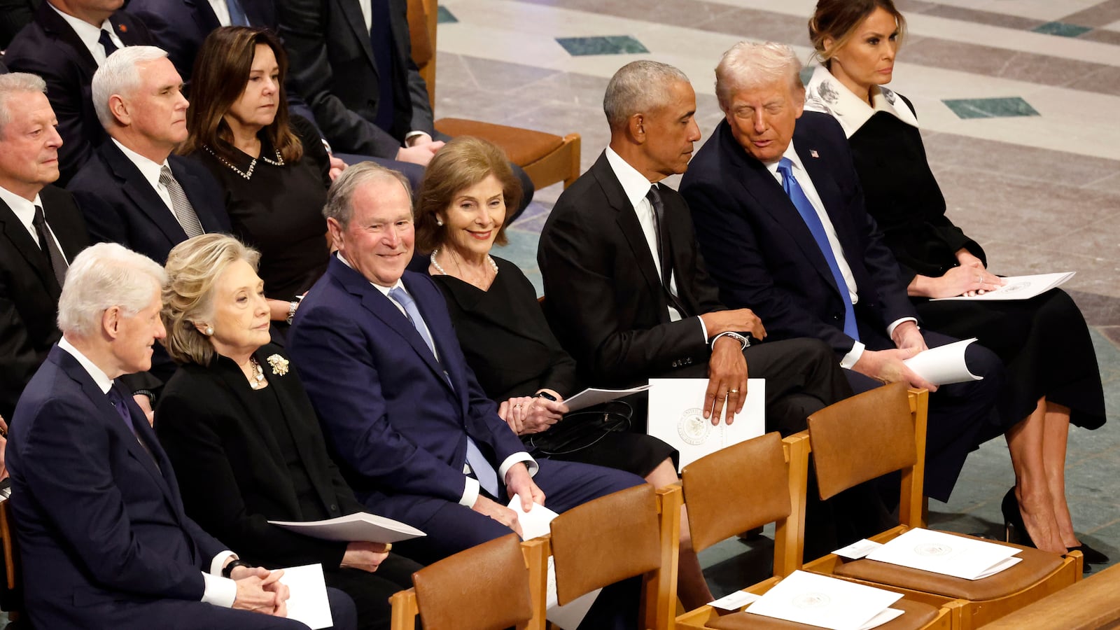 Former U.S. Vice Presidents Al Gore and Mike Pence, Karen Pence, former U.S. President Bill Clinton, former Secretary of State Hillary Clinton, former U.S. President George W. Bush, Laura Bush, former U.S. President Barack Obama, U.S. President-elect Donald Trump and Melania Trump.