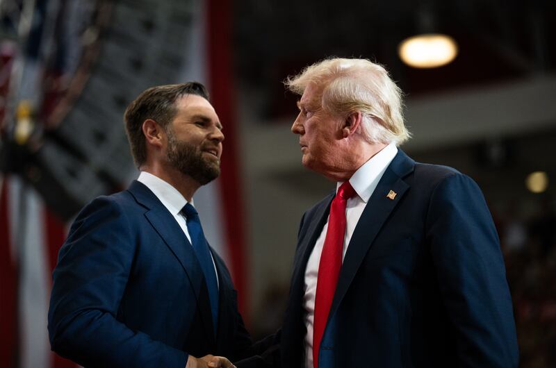 JD Vance introduces Donald Trump during a rally at Herb Brooks National Hockey Center on July 27, 2024 in St Cloud, Minnesota.