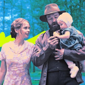 A photo illustration of Felicity Jones as Gladys and Joel Edgerton as Robert Grainier in Train Dreams.