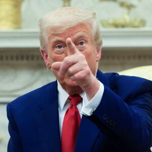 U.S. President Donald Trump points a finger during a meeting with Israeli Prime Minister Benjamin Netanyahu (not pictured) in the Oval Office at the White House in Washington, U.S., April 7, 2025.
