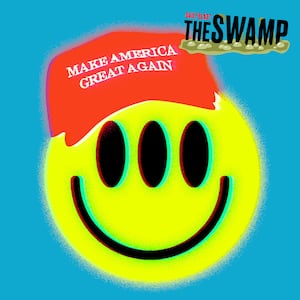 Distorted smiley faces wearing MAGA hats with three eyes