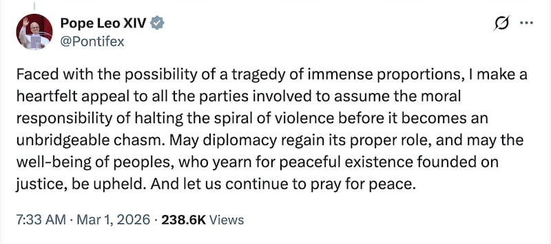 Pope Leo XIV condemns the US and Israel attack on Iran.