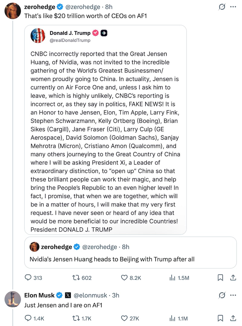 Musk revealed that only he and Huang made it on board AF1.