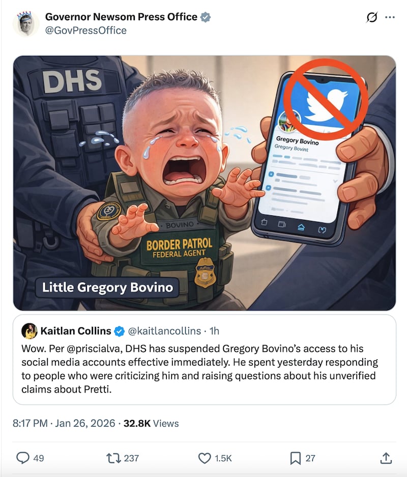 Newsom mocked Bovino's departure and loss of access to X.