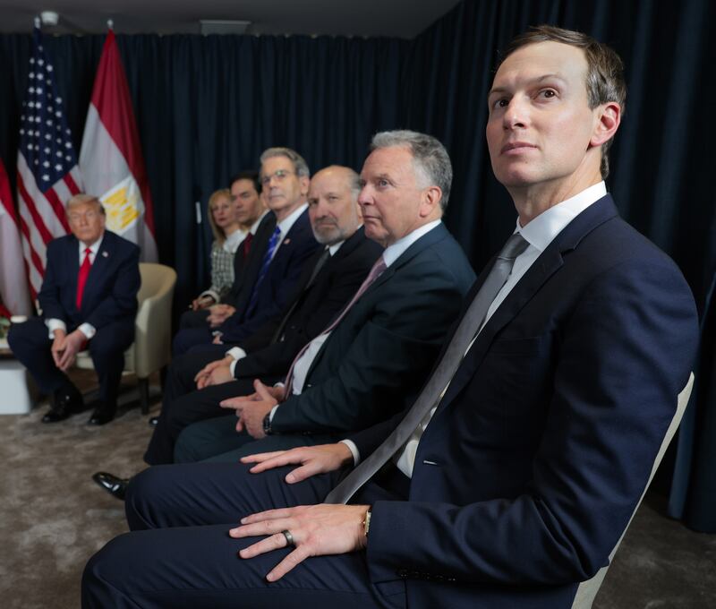 DAVOS, SWITZERLAND - JANUARY 21: (EDITOR'S NOTE: Alternate crop) Jared Kushner, son-in-law of U.S. President Donald Trump (R) looks on during a bilateral meeting with President of Egypt Abdel Fattah el-Sisi and U.S. President Donald Trump on the sidelines of the World Economic Forum (WEF) Annual Meeting on January 21, 2026 in Davos, Switzerland. The annual meeting of political and business leaders comes amid rising tensions between the United States and Europe over a range of issues, including Trump's vow to acquire Greenland, a semi-autonomous Danish territory. (Photo by Chip Somodevilla/Getty Images)