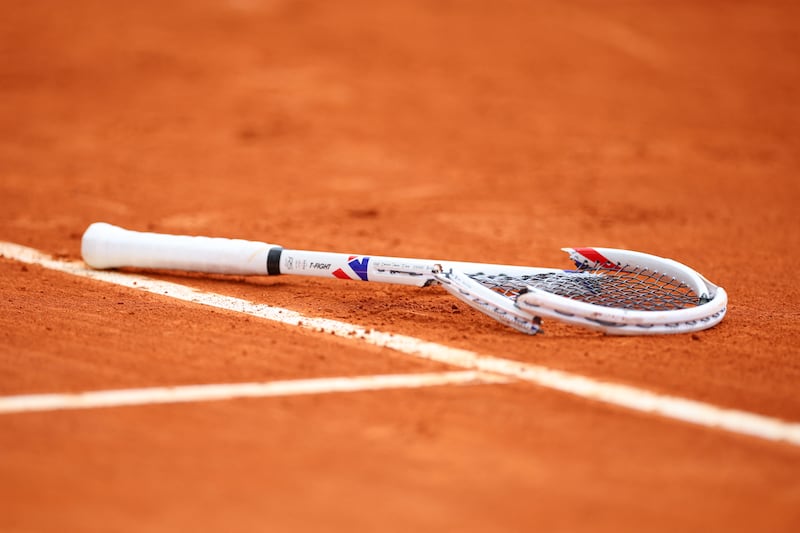 Russia's Daniil Medvedev's smashed racket