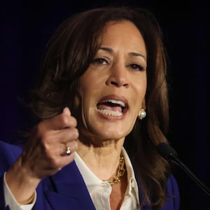LOS ANGELES, CA - DECEMBER 12, 2025 Former U.S. Vice President Kamala Harris addresses delegates with the Democratic National Committee at their Winter Meeting at the InterContinental Hotel in downtown Los Angeles on December 12, 2025. (Genaro Molina/Los Angeles Times via Getty Images)
