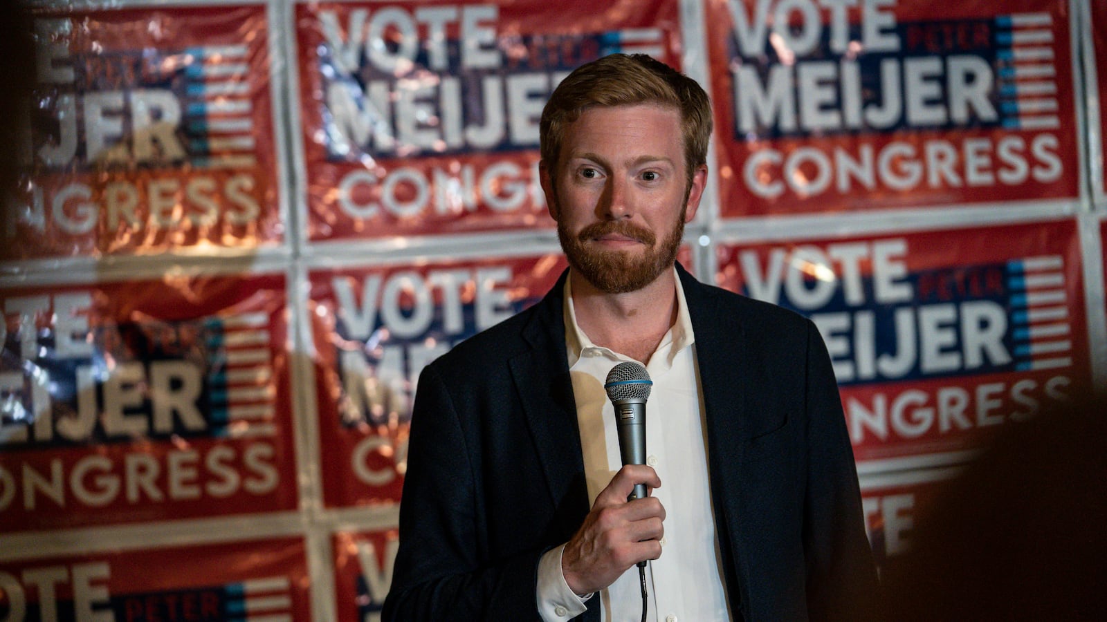 Rep. Peter Meijer speaks to reporters at his watch party at Social House Kitchen and Bar