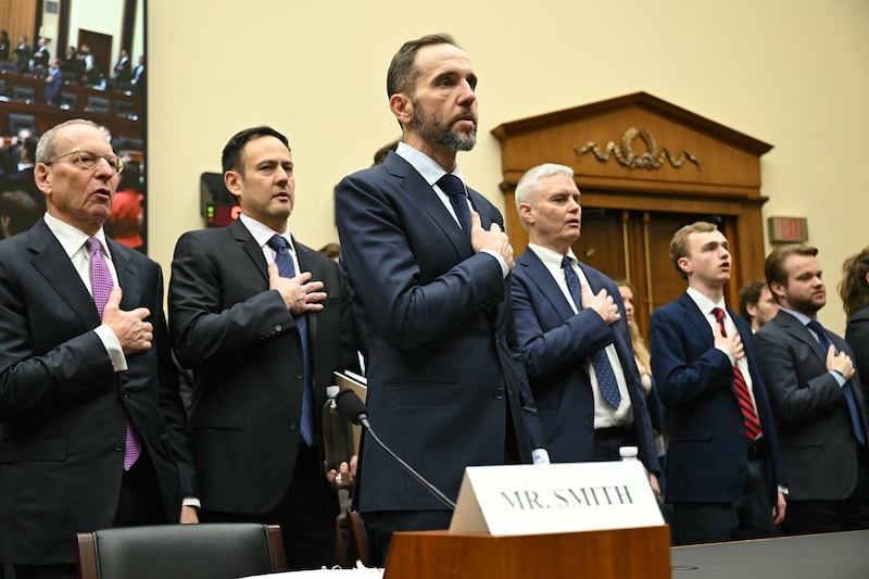 Former Special Counsel Jack Smith says the Pledge of Allegiance before he testifies before the House Judiciary Committee about his investigations into President Donald Trump on January 22, 2026.
