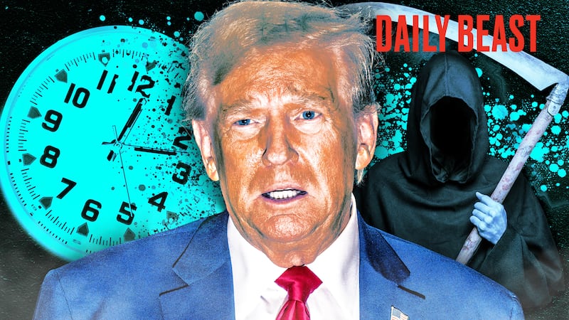 A photo illo illustration of Donald Trump, a clock, and the Grim Reaper for The Daily Beast Podcast.