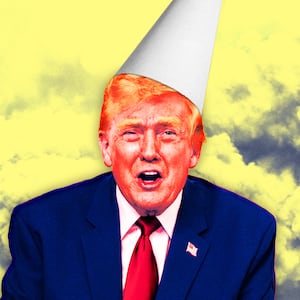A photo illustration illo of Donald Trump wearing a dunce cap.
