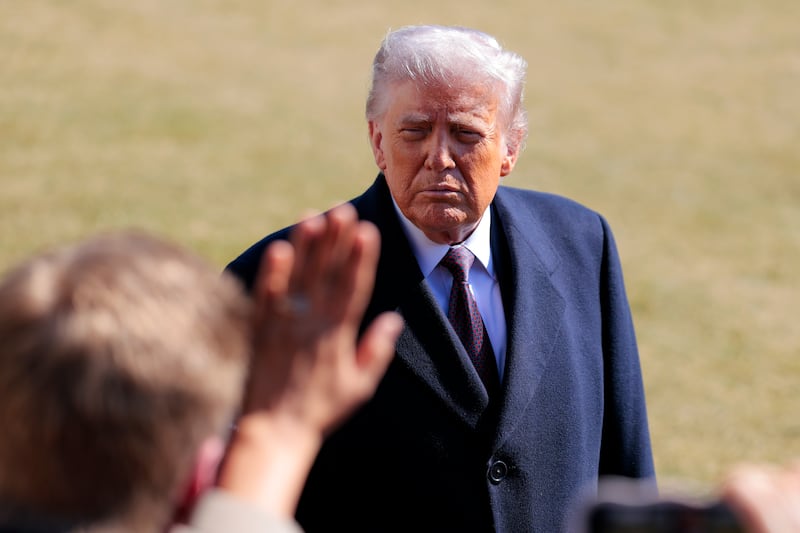 WASHINGTON, DC - FEBRUARY 27: U.S. President Donald Trump stops to speak to the media as he departs on Marine One on the South Lawn of the White House on February 27, 2026 in Washington, DC. Trump will deliver remarks in Corpus Christi, Texas before traveling to Florida to spend the weekend at his Mar-a-Lago resort. (Photo by Heather Diehl/Getty Images)