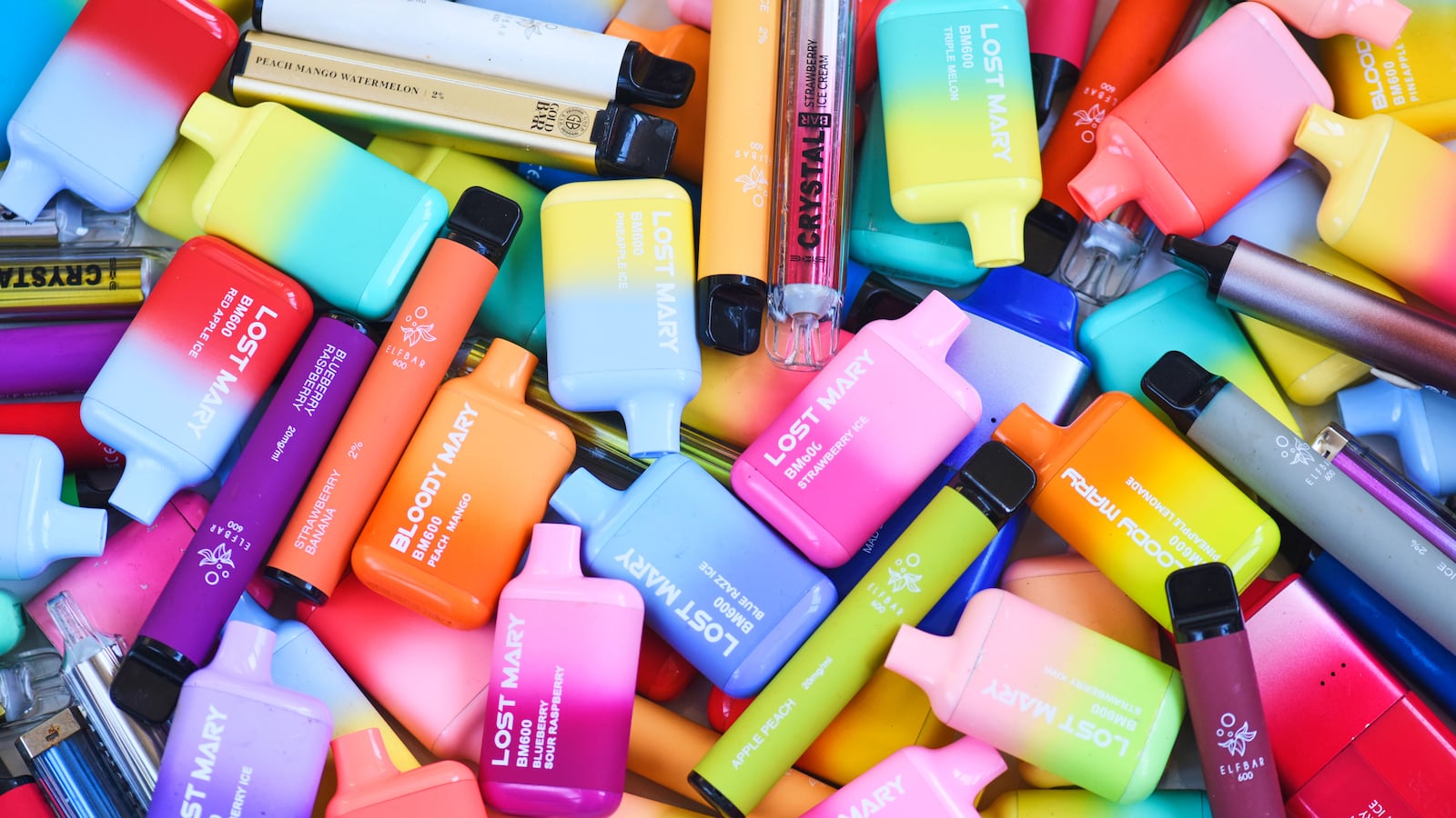 LONDON,ENGLAND - MARCH 18: In this photo illustration Single-use discarded Vapes in Morden Recycling Bin March 18, 2025 in London, England.