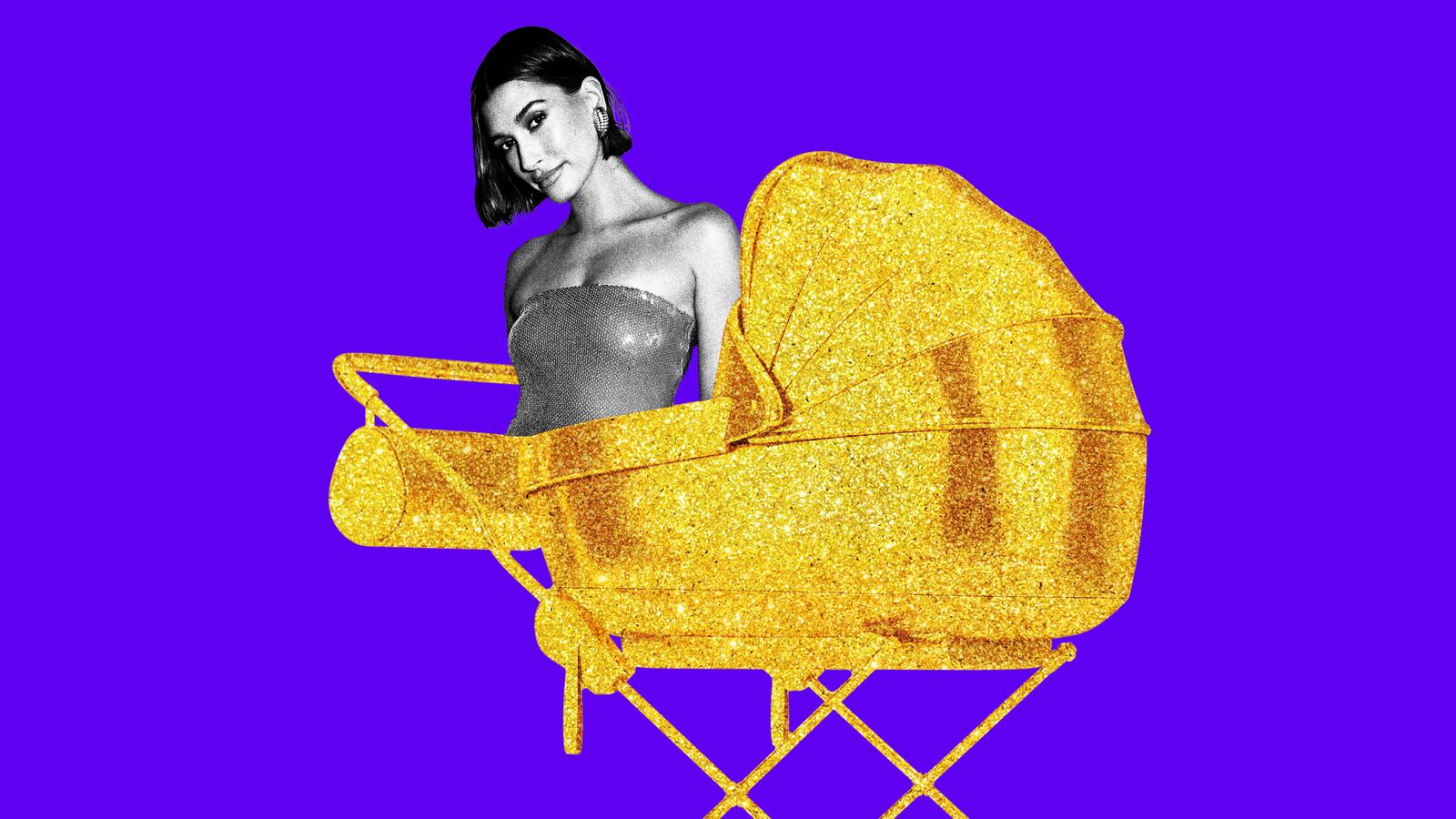 An illustration including a photo of Hailey Bieber and a golden stroller