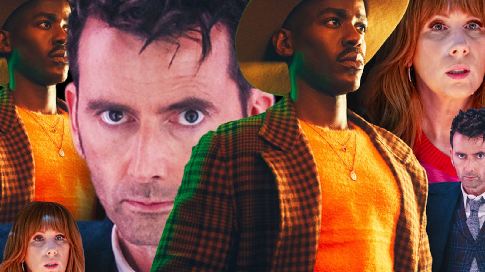 A photo illustration of David Tennant, Catherine Tate, and Ncuti Gatwa from Dr. Who