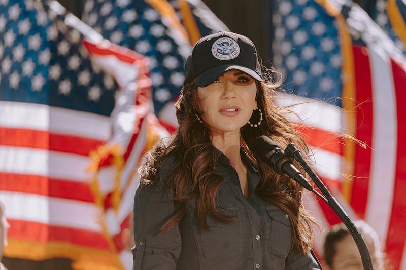 Homeland Security Secretary Kristi Noem speaks during a press conference in Nogales, Arizona, on February 4, 2026.
