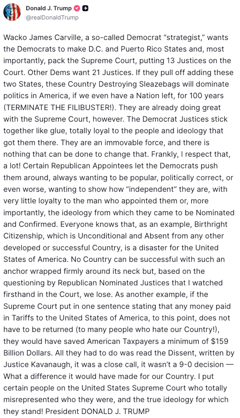 Trump Truth Social post about James Carville and SCOTUS