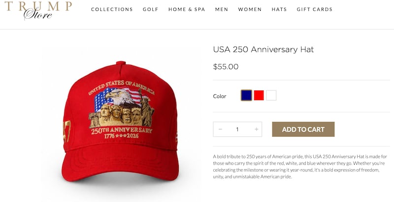 An image of the 250th Anniversary cap on Trump's store.