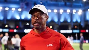 Tiger Woods of Jupiter Links GC talks with his girlfriend, Vanessa Trump, after a match against Boston Common Golf at SoFi Center on March 17, 2026 in Palm Beach Gardens, Florida.