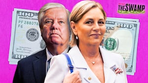 A photo illustration illo of the late Lindsey Graham and Sen. Darline Graham, and a hundred dollar bill.