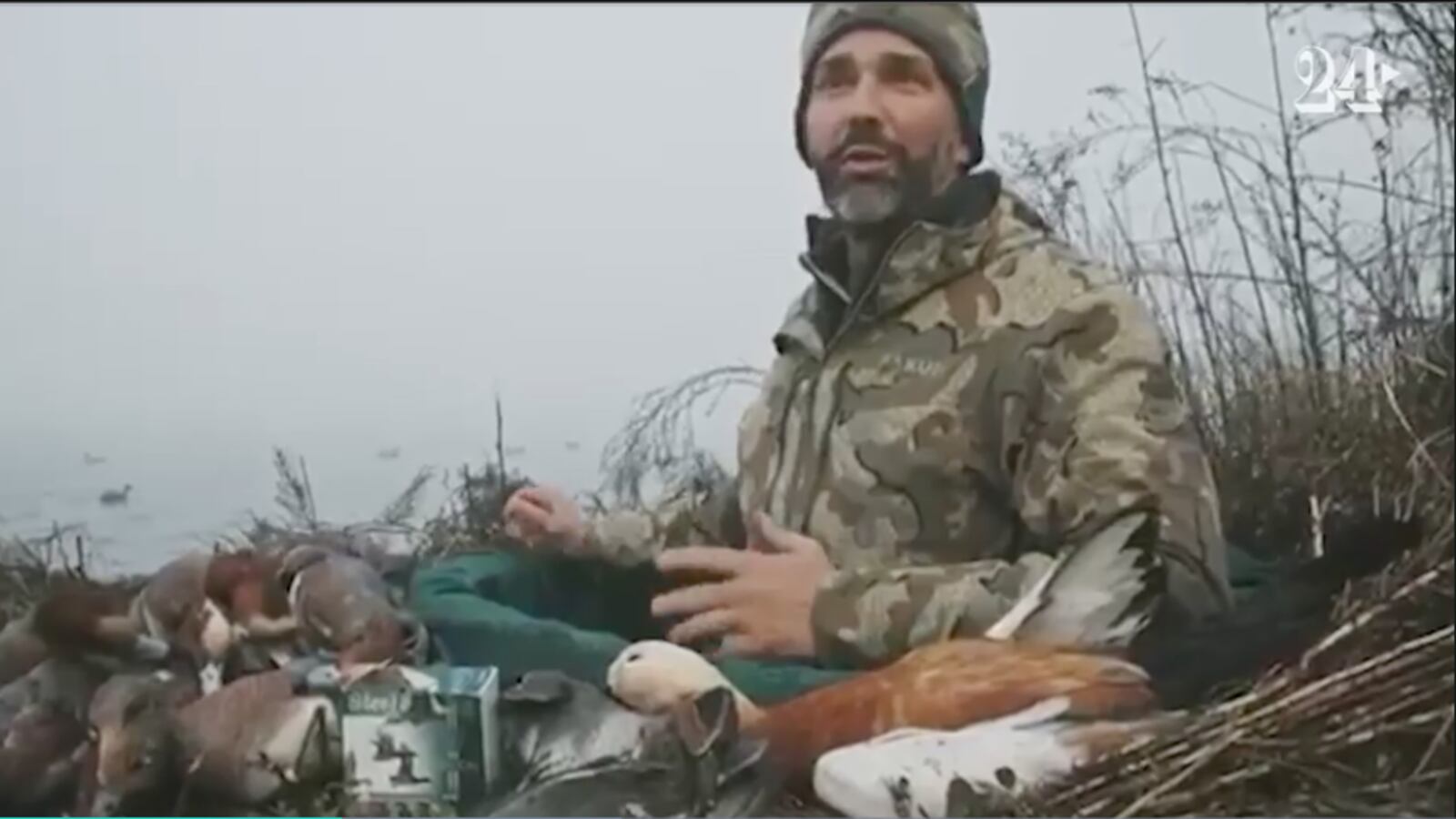Donald Trump Jr. surrounded by dead waterfowl during a hunting trip in the Venice lagoon in December.