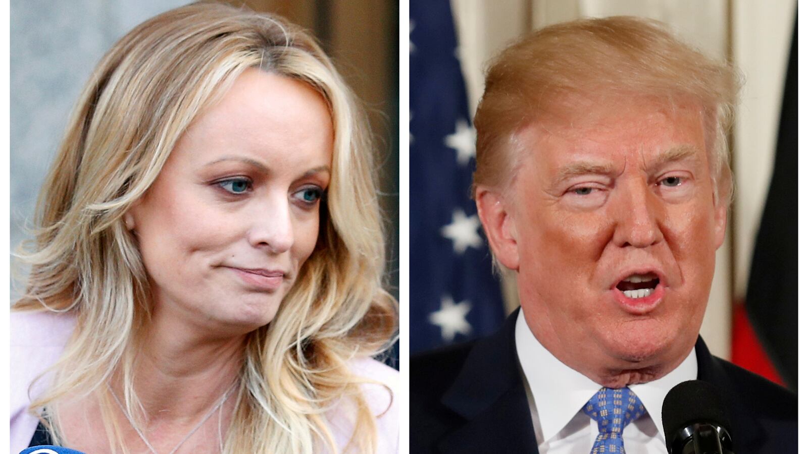 A combination photo shows Adult film actress Stephanie Clifford, also known as Stormy Daniels speaking in New York City, and U.S. President Donald Trump speaking in Washington, Michigan, U.S. on April 16, 2018 and April 28, 2018 respectively.