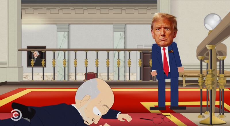 South Park, Carr injured on the floor as Trump watches.