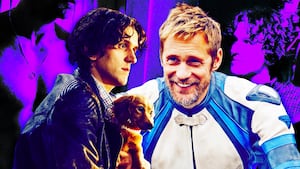 A photo illustration of Harry Melling and Alexander Skarsgård in Pillion.