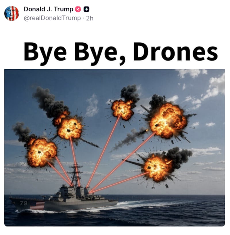 An AI-generated image of a warship blasting drones out of the sky with laser beams under the caption “Bye Bye, Drones.”