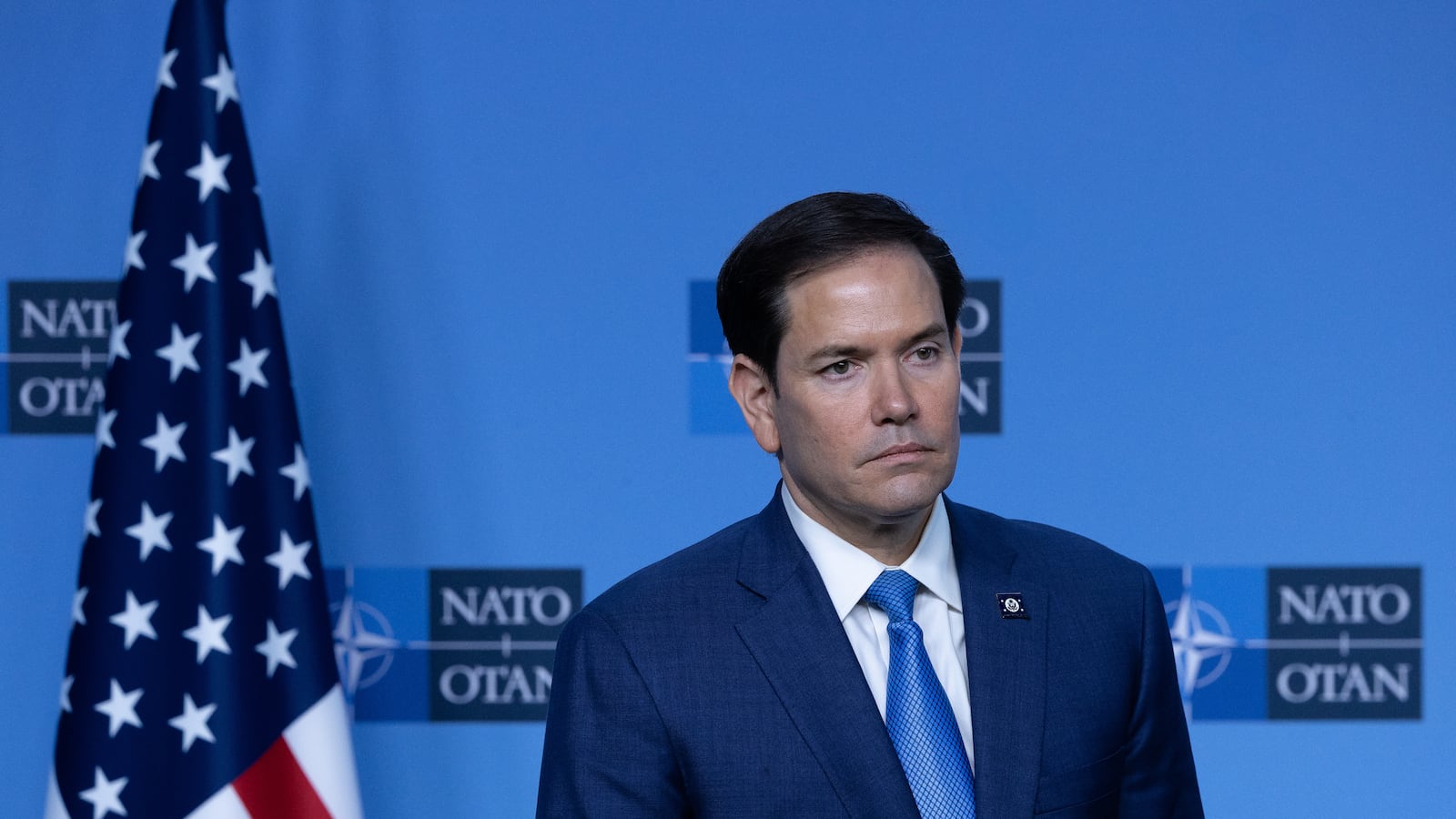 Marco Rubio stands during a press conference at NATO Headquarters in Brussels during the April 3 NATO Foreign Affairs Ministers' meeting.