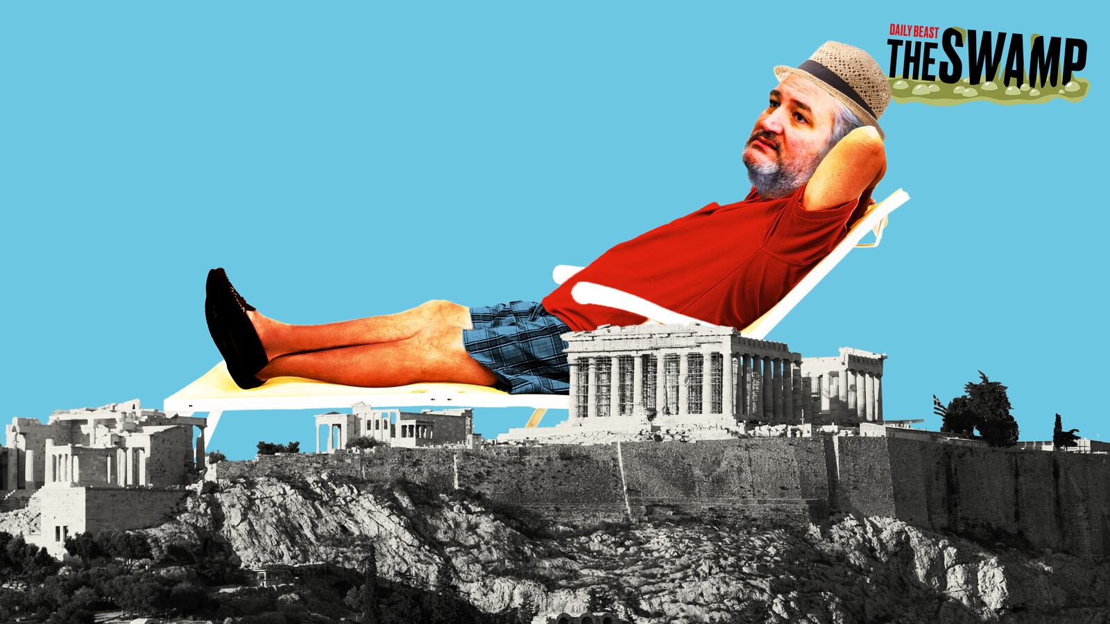 Ted Cruz lounging in a beach chair wearing a sun hat behind the Acropolis in Athens, Greece
