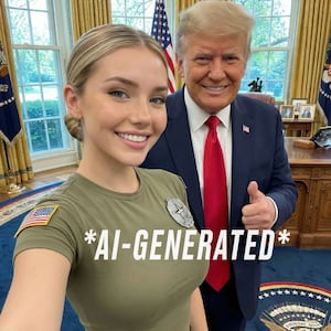 photos from jessicaa.foster instagram showing an ai woman on a bed with her feet showing and with Donald Trump