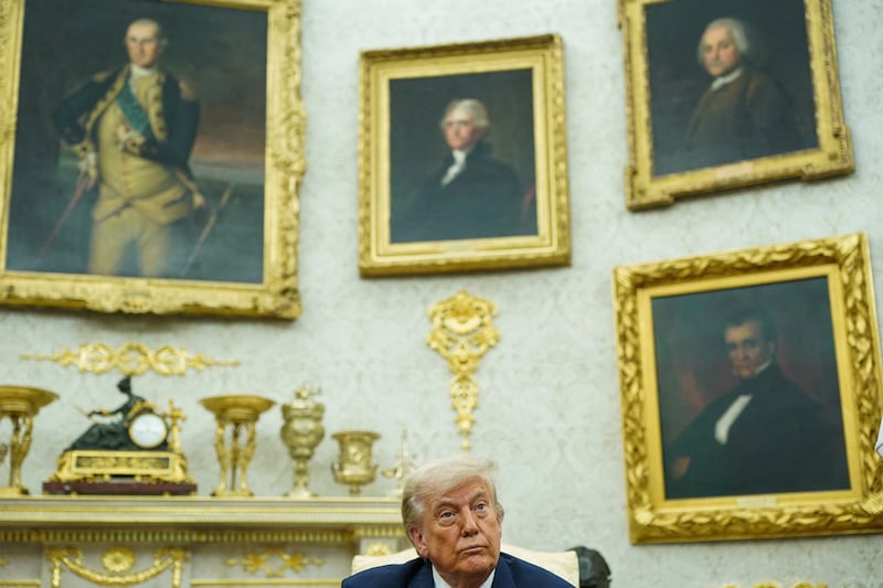 U.S. President Donald Trump looks on as he meets with Bahrain's Crown Prince and Prime Minister Salman bin Hamad Al Khalifa (not pictured), in the Oval Office at the White House in Washington, D.C., U.S., July 16, 2025.