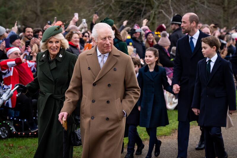 King Charles III and Queen Camilla followed by (second row, left to right), the Prince of Wales, Princess Charlotte and Prince George attending the Christmas Day morning church service at St Mary Magdalene Church in Sandringham, Norfolk. Picture date: Wednesday December 25, 2024. (Photo by Aaron Chown/PA Images via Getty Images)