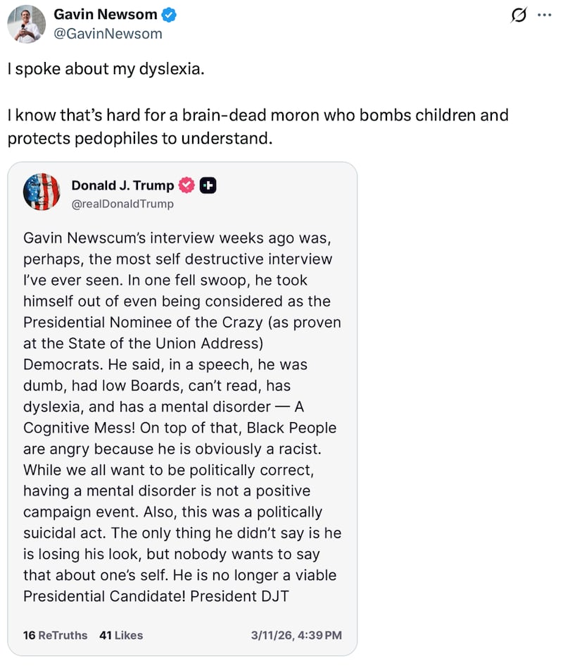 Gavin Newsom reacts to Donald Trump's post about him.