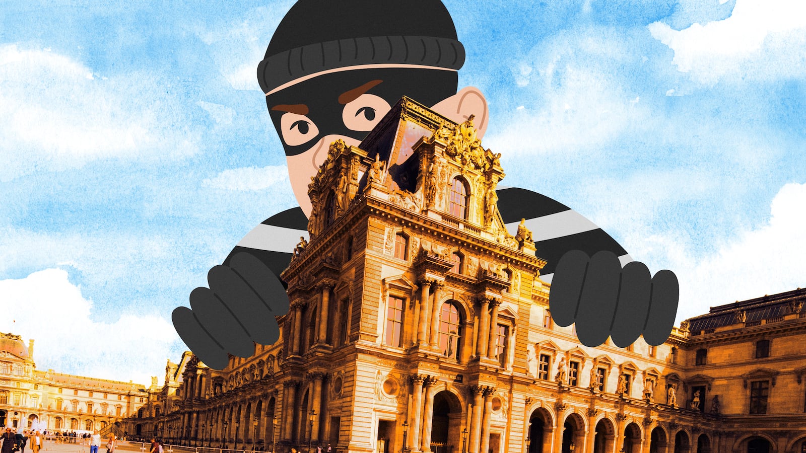 A photo illustration of a giant burglar above the Louvre in Paris, France.