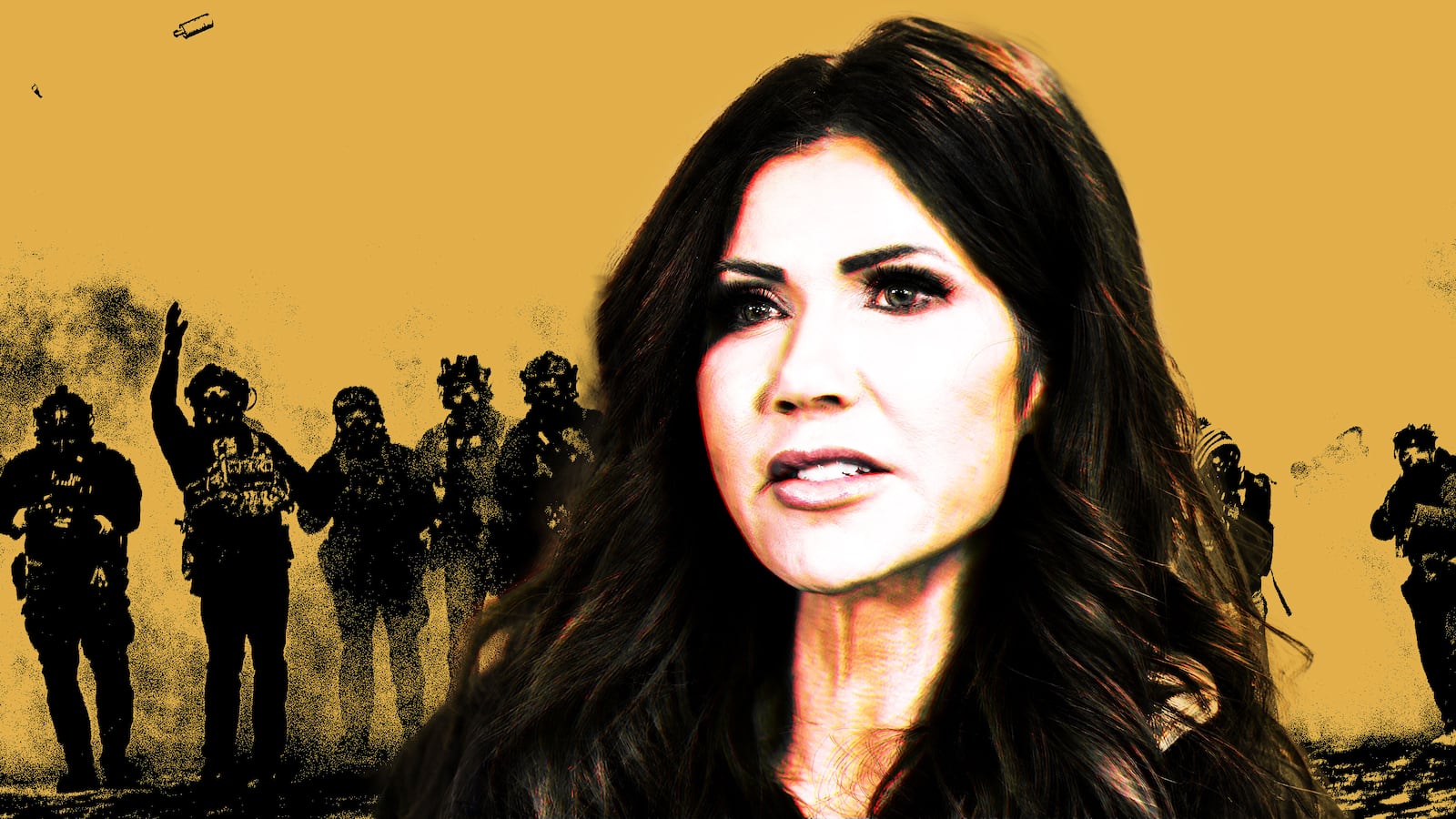 Kristi Noem in front of ICE officers throwing something toward protestors in Minneapolis, Minnesota