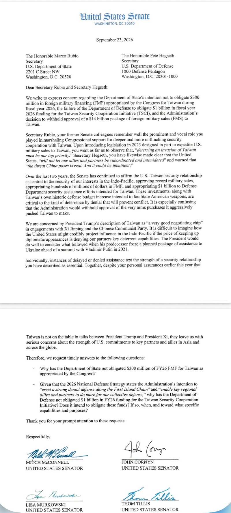 The letter signed by McConnell and occasional rebel Senators Lisa Murkowski, Thom Tillis and John Cornyn.
